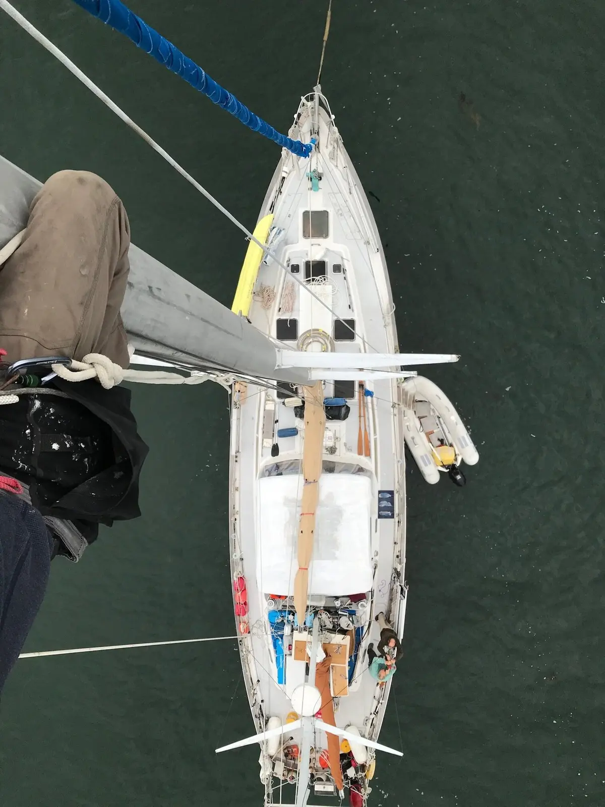 View from the mast looking down on Tandemeer with two inflatable boats alongside
