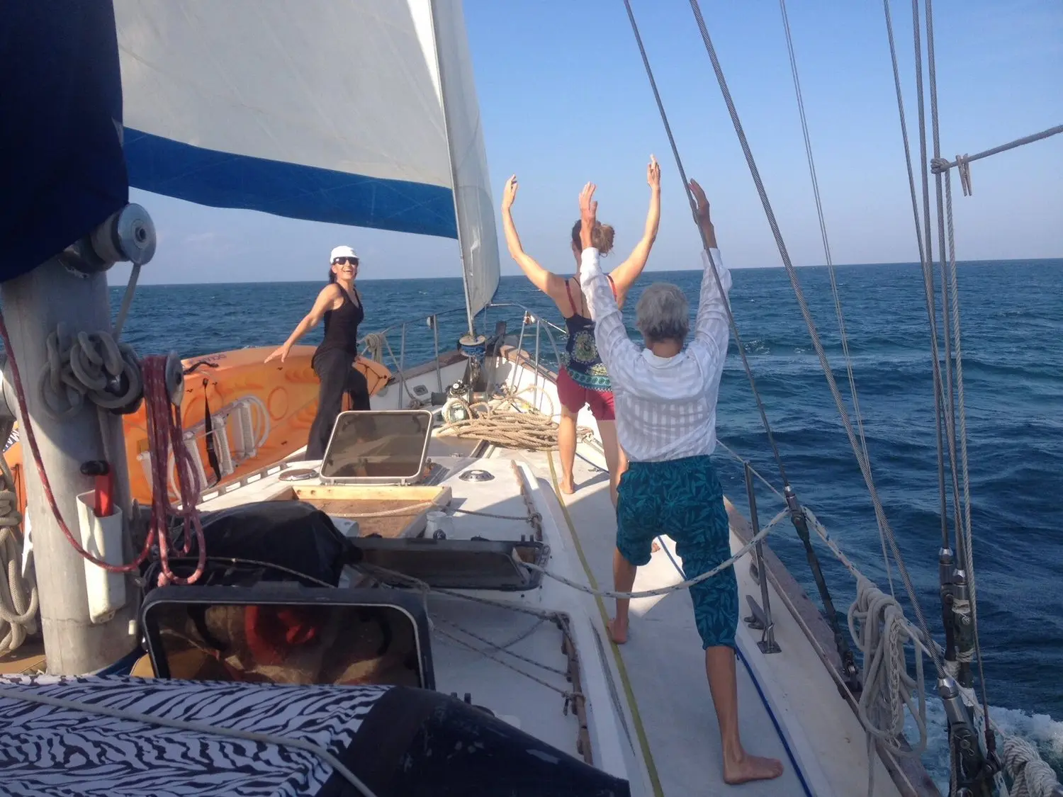 Guests celebrating on deck, arms raised in joy