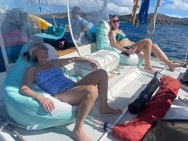 Bean bag chairs set up on deck for lounging